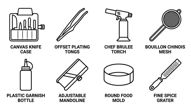 Professional culinary tools and kitchen equipment icons in line art style with mandoline bouillon adjustable collection monochrome isolated background restaurant