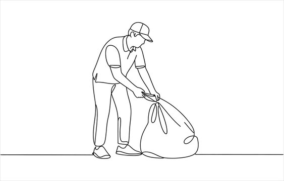Continuous line drawing of a man picking up trash in a plastic bag