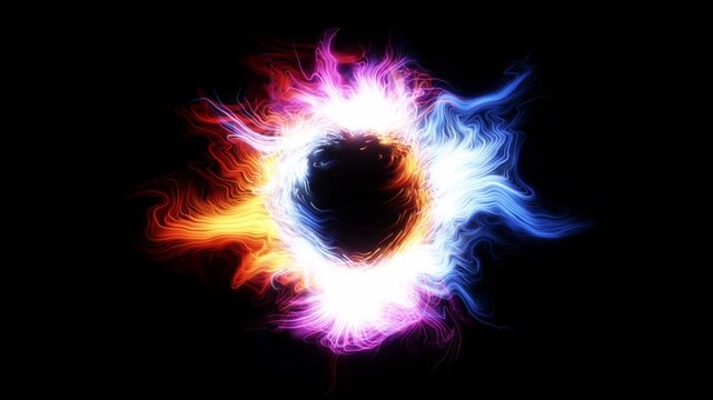 Orange and blue energy rings collide and merge into one glowing white ring with wispy strands on black