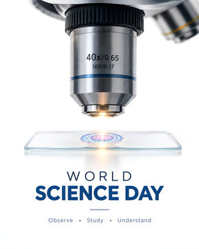 Scientific optical microscope with glass slide, laboratory research equipment, World Science Day concept for poster and banner background