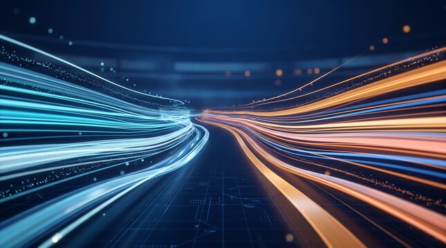 Dynamic flow of blue and orange light trails across dark high tech grid background representing global digital network infrastructure and rapid information transfer