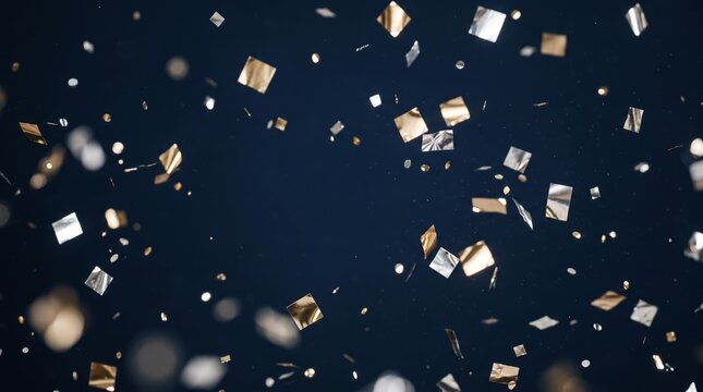 Confetti falling background with gold and silver particles on dark navy blue for festive celebration design