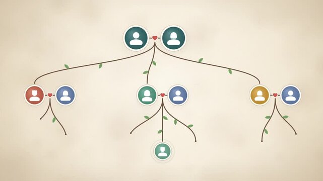 Genealogy family tree, vine branches with leaves grow from couple into four generations on parchment paper