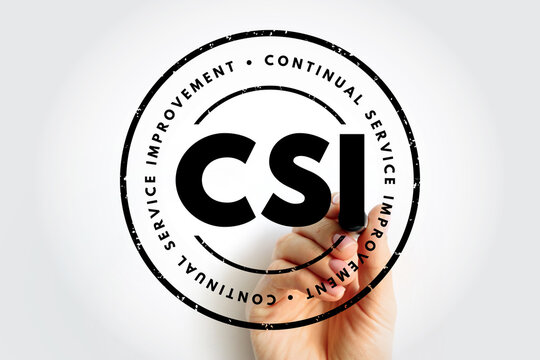CSI stamp with hand holding marker, showing CONTINUAL SERVICE IMPROVEMENT phrase around bold center letters, highlighting development focus, process enhancement and quality refinement in circular form