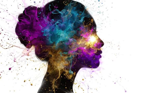 Creative Mind Explosion: Silhouette of Woman with Vibrant Paint Splashes.