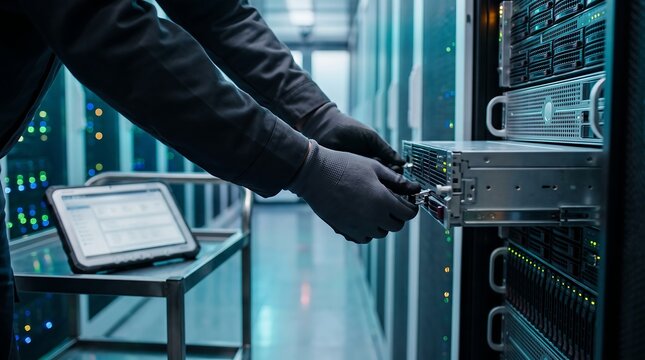 Technician working on server hardware in data center