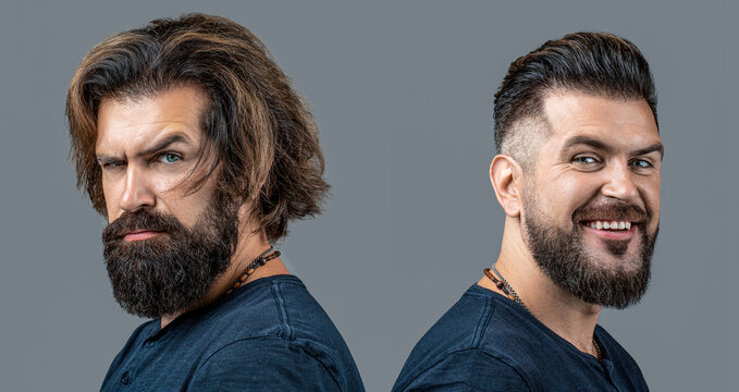 Hair style hair stylist. Before and after haircut in barbershop. Shaved vs unshaven Barber hair salon. Before and after