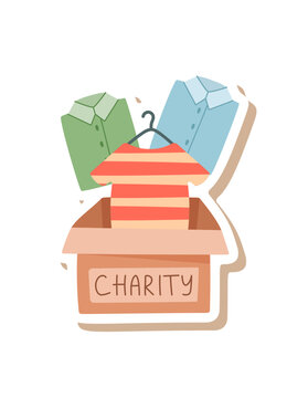 Charity box with donation clothes in soft cartoon graphic style sticker. Needy support as cloth gift and care for poor people. Philanthropy box for homeless shelter, helpful sticker community donate