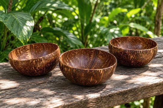 Three empty coconut shell bowls on weathered wooden bench