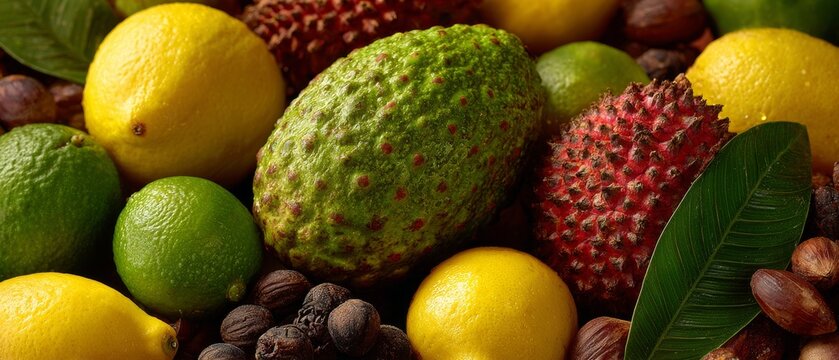 A close-up arrangement of mixed tropical fruits including lemons, limes, soursop, and salak with leaves and nuts in the.