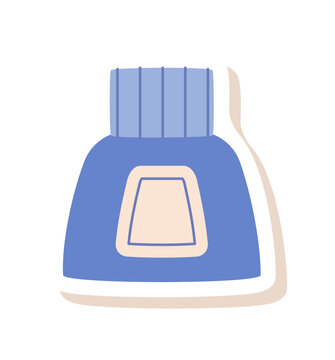 Cartoon ink bottle in simple flat style sticker. Cute blue art supply as childish stationery object for painter and school class. White label and minimal color, sticker icon for creative study,