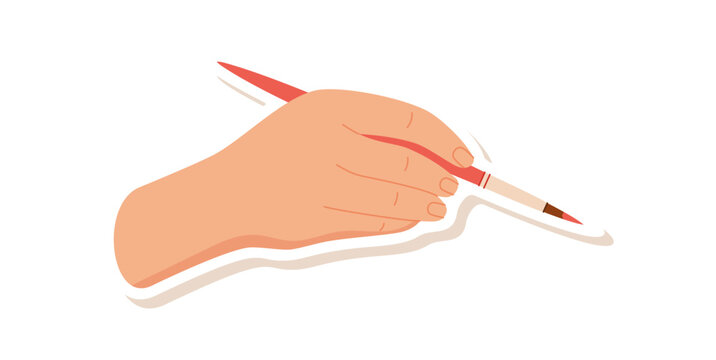 Flat hand with paintbrush art style sticker. Human hand as painter tool and creative craft symbol. Cute cartoon sticker icon on white surface, children class or artroom study concept, modern drawing