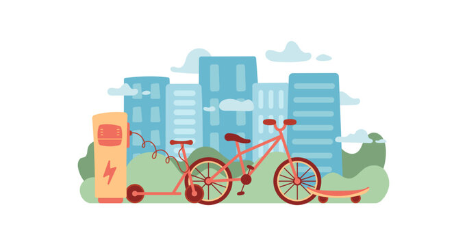 Electric eco transport in flat cartoon graphic style. Green city scene with bicycle as smart e scooter and station show sustainable mobility. Modern eco transportation concept suits clean environment