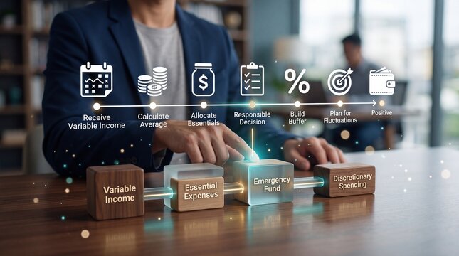 A businessman interacting with a digital financial planning interface on a wooden desk in office with holographic showing financial touches glowing holographic with man touches