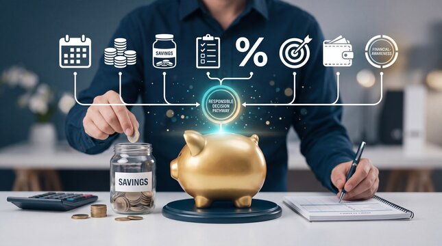 Person putting a coin into a glass jar with a golden piggy bank on desk with notebook desk financial while writing notebook places coin savings calculation responsible