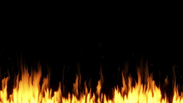 Fire flames burning along bottom of black background with floating embers and copy space, seamless loop