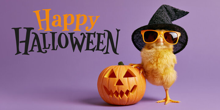 happy halloween concept holiday funny animal greeting card with text - Cool cute chick with sunglasses, witch hat and pumpkin, isolated on purple background