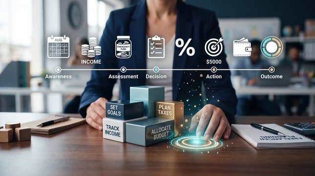 Business professional interacting with digital financial planning interface with blocks on a wooden office desk with holographic interface representing planning steps goals