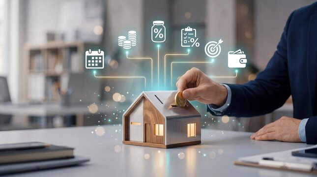 Business person inserting a coin into a house shaped piggy bank with digital financial icons with representing various financial surrounded floating digital inserts coin small