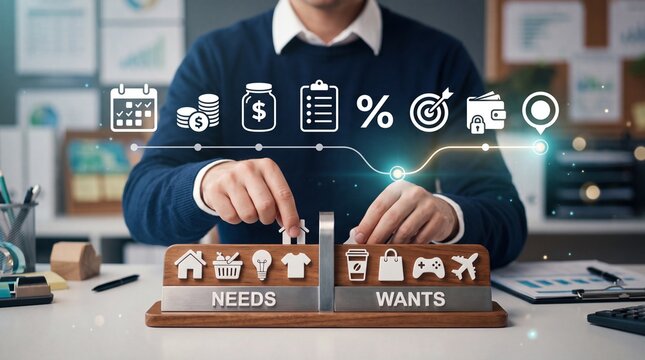 Person sorting wooden blocks labeled as needs and wants on a desk with financial icons with featuring digital financial person organizes small planning icons with blocks categories
