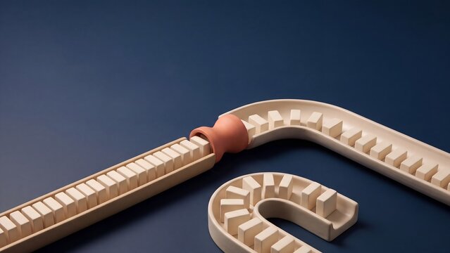 Rows of cream blocks flowing through a terracotta bottleneck connector between wooden and ceramic channels on navy, supporting workflow, process flow, and supply chain concepts
