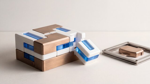 Modular interlocking blocks in white, translucent blue, and brushed copper with one piece removed beside a steel frame, supporting modular design, assembly, and engineering
