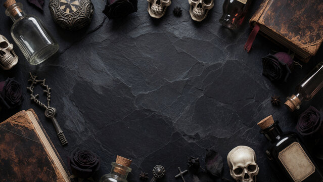Spooky Halloween flat lay frame with vintage potion bottles, old books, and skulls on black background with copy space.