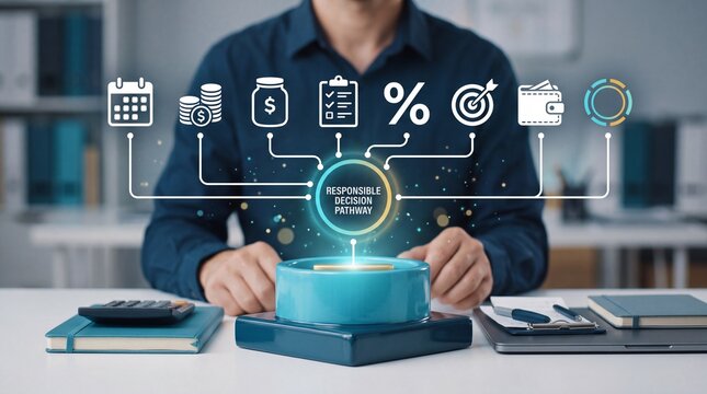 A businessman sits at a desk interacting with a digital financial planning interface in an office with responsible decision pathway glowing interface showing dark shirt sits
