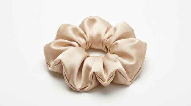 Champagne colored satin silk hair scrunchie isolated on white background