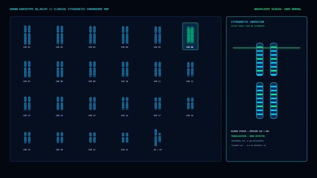 Human karyotype chart of 23 chromosome pairs with laser scan