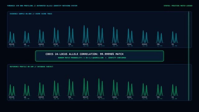 Forensic STR DNA profile comparison confirming identity match
