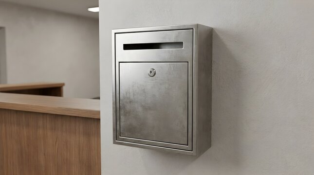 Wall-mounted metal key return drop box beside a reception counter