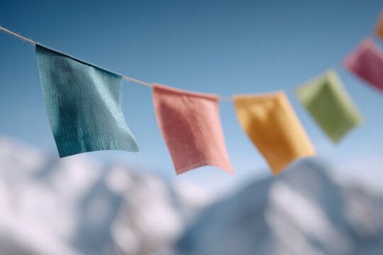 Colorful traditional Tibetan prayer flags on string blowing in wind against snow-capped mountains, clear blue sky