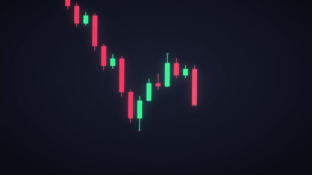 Neon candlestick chart drawing bear flag channel on dark navy, pullback then breakdown and price retest