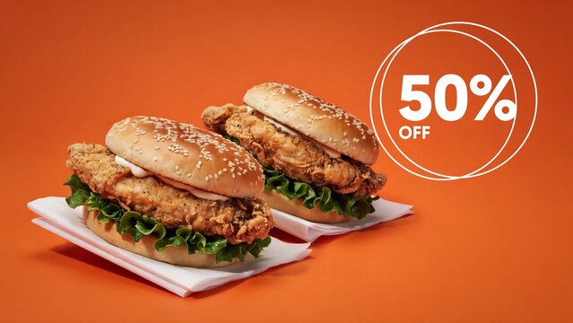 Two delicious subs with a 50 percent off discount sign