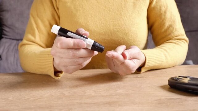 Diabetic woman using lancet pen for blood glucose test