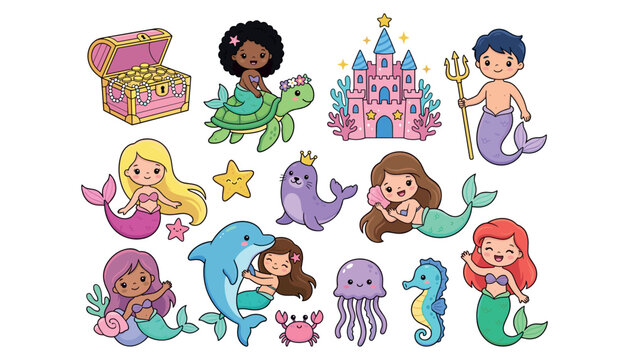 Cute mermaid and merman vector illustration collection featuring diverse fairytale characters castle treasure chest and magical sea animals