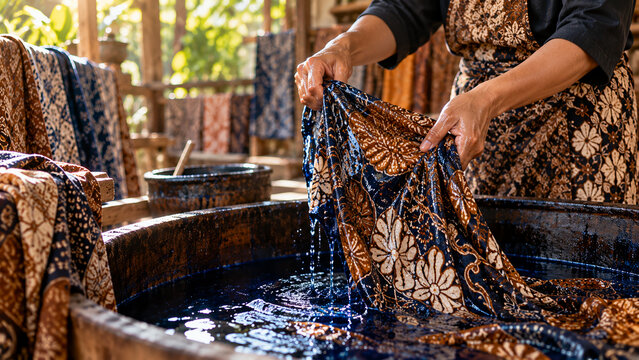 Artisan dipping traditional batik fabric into blue indigo dye vat during handmade textile manufacturing process