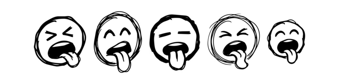 Set of hand drawn doodle emoji faces sticking out tongue in disgust and exhaustion. Sketchy cartoon sick, tired, and nauseous faces collection isolated on white background.