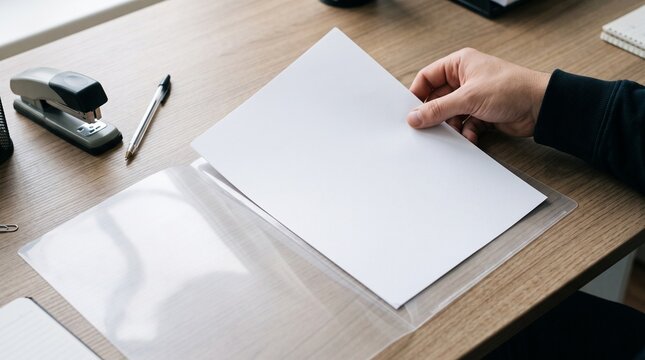 Hand holding blank paper sheet over plastic folder on wooden desk