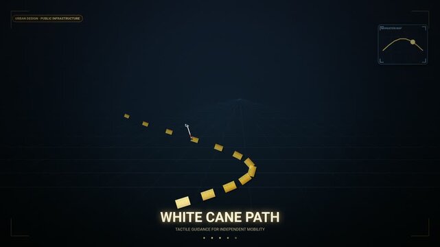 White Cane Tactile Path Motion.Digital visualization of a white cane navigating a tactile ground.
