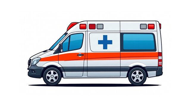Illustration of a white ambulance with orange band, blue-red roof lights and red star medical emblem isolated on white, transparent background