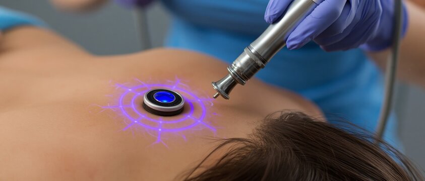 A person lies on their stomach receiving a treatment on their back involving a metallic device and a glowing blue and purple.