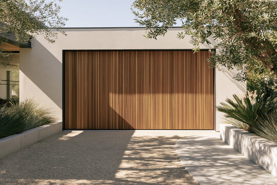 Modern family home featuring a garage door with vertical cedar slats and greige stucco wall, surrounded by structured landscaping and gravel driveway