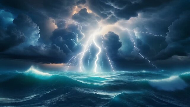 Epic Ocean Lightning Loop With Bolts Striking Waves And Water Glowing Under Flashes In Motion