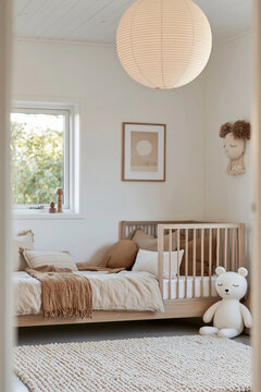Softly lit Japandi nursery with oak bed, paper lantern, crib, and teddy bear interior