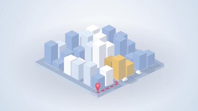 White isometric city map with route and car reveal animation