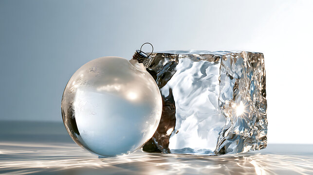 Luxurious Christmas still life with a snow-covered silver ball next to a clear crystal ice cube, an elegant winter composition in icy blue tones, soft lighting and space for text.