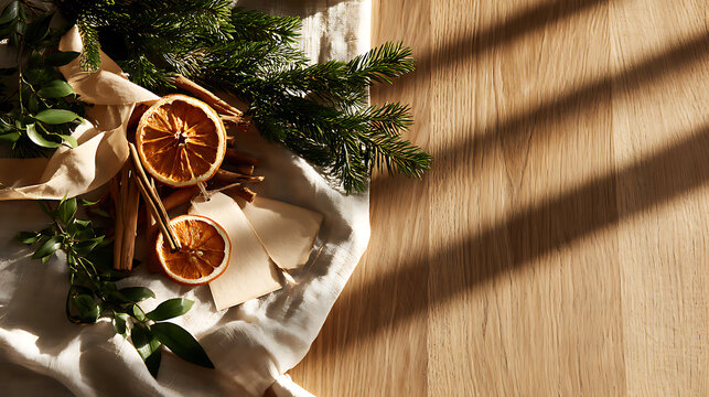 Elegant Scandinavian Christmas flat lay with evergreen branches, dried orange slices, cinnamon sticks and natural linen on a warm wooden background, cozy festive atmosphere, sunlight shadows and copy 