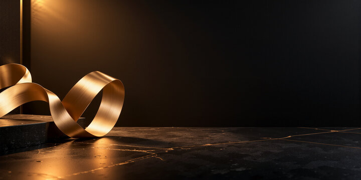 Elegant golden party ribbon on a dark textured surface with decoration